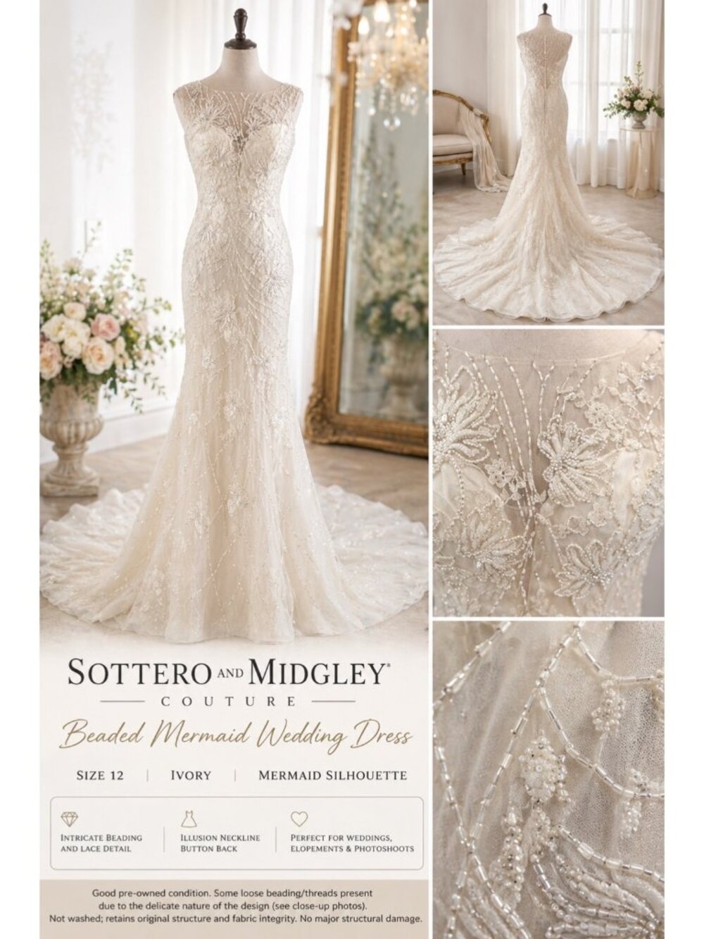 Sottero Midgley Ivory Beaded Wedding Dress 12 Mermaid Lace Bridal Gown